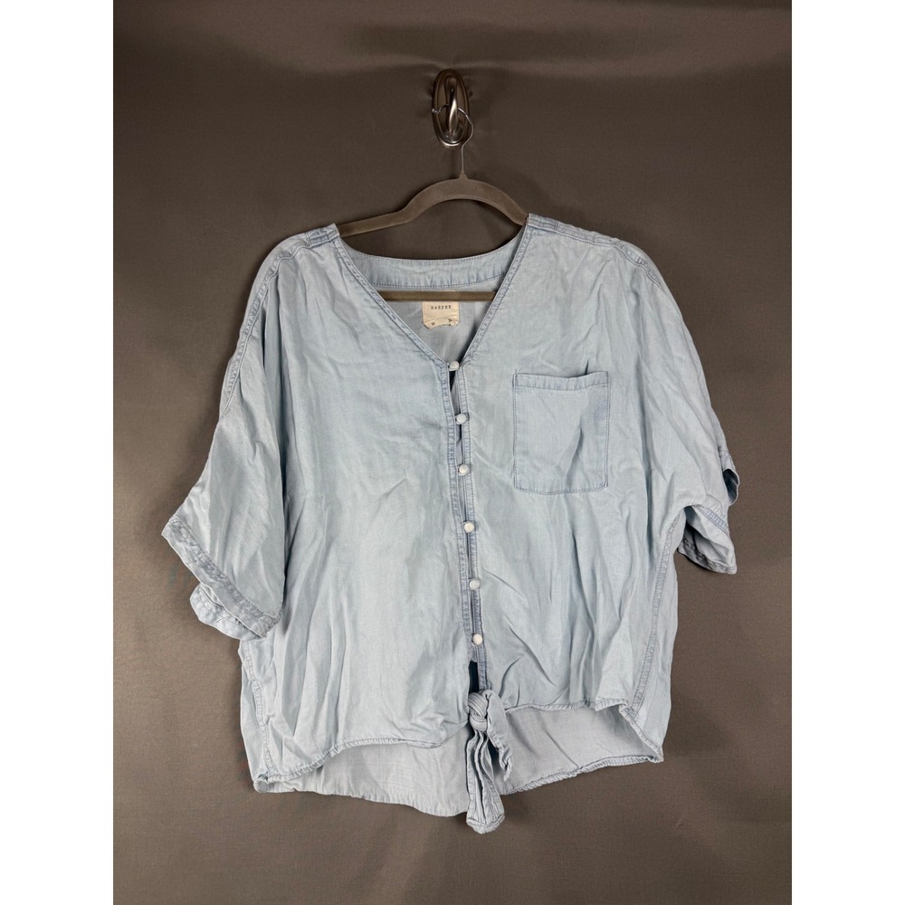Harper Button Down Top Women Size M Light Blue Front Tie Lyocell PW1001743